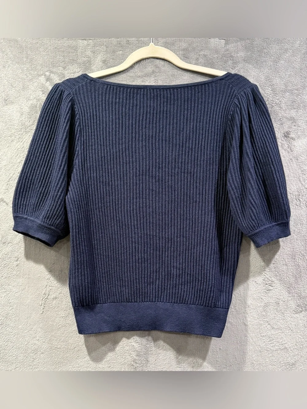 J. Crew Cashmere Blend Ribbed Scoop Neck Puff Sleeve Navy Sweater Top‎ Size M